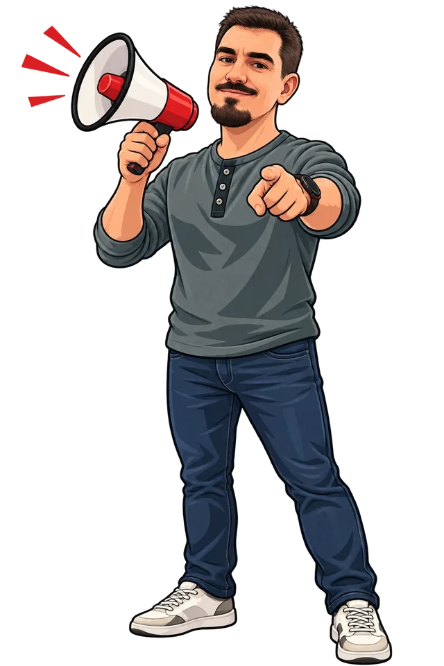 Illustration: eine Figur mit einem Megafon, die auf den Leser zeigt.