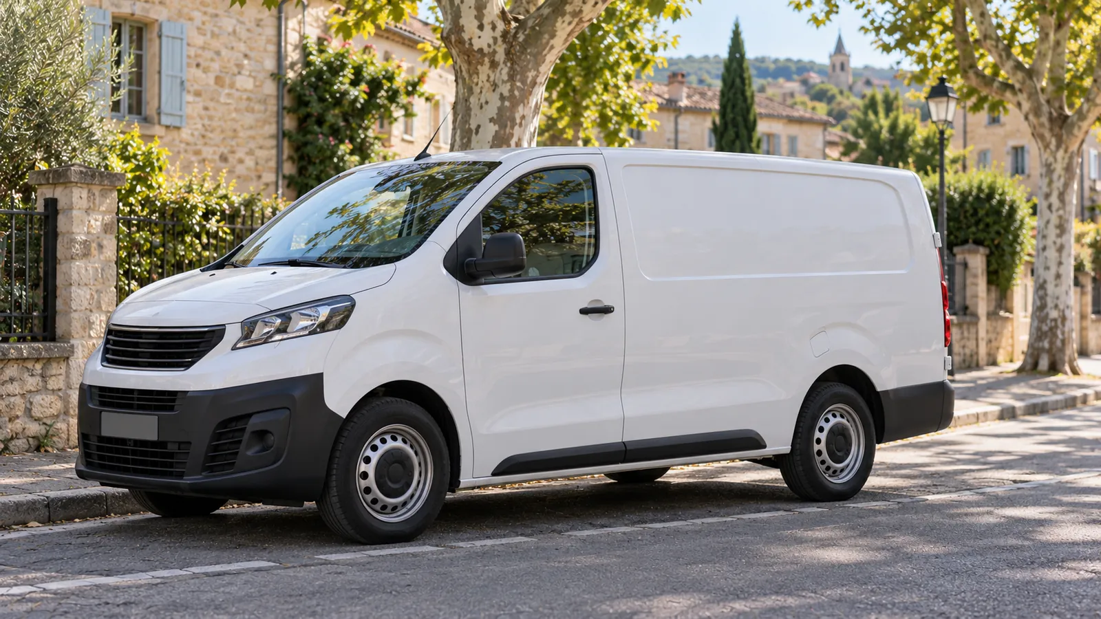 Der Transporter eines Klempners, sein Name und seine Nummer auf der Seite, dann die leere Seite.