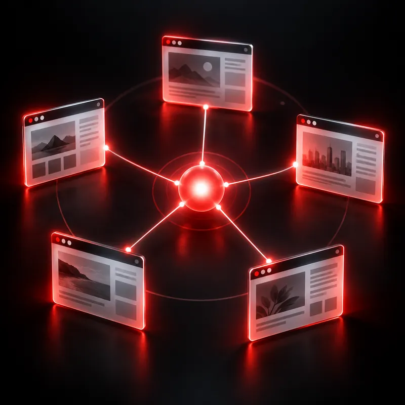 Fünf Website-Fenster, die mit einem zentralen Lichtpunkt verbunden sind.
