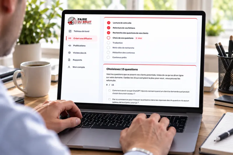 Der FaireDuBruit-Kundenbereich auf einem Computer: die Schritte der Verbreitung, dann „Wählen Sie 15 Fragen“.