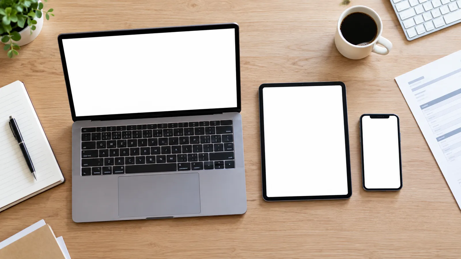 Ein Computer, ein Tablet und ein Telefon auf einem Tisch: drei Artikel, die die Frage der Geschäftsführerin beantworten.